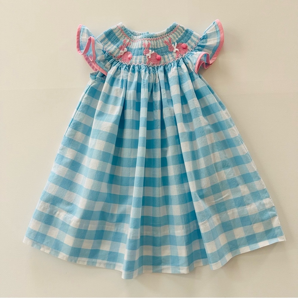 Classic Whimsy 12 Months Baby Girl Blue Plaid Smocked Dress Easter Bunny Spring